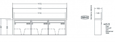 RENZ Briefkastenanlage Aufputz, Tetro, Edelstahl V4A, Kastenformat 370x330x145mm, 3-teilig